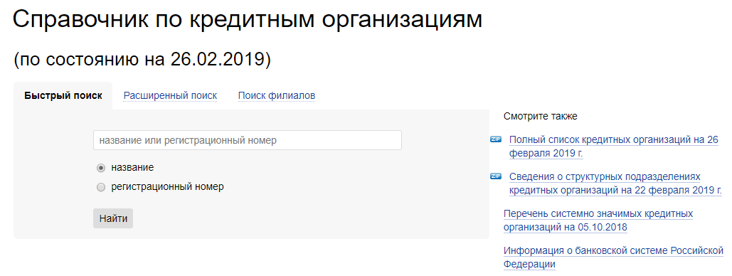 справочник по кредитных организациям ЦБ РФ